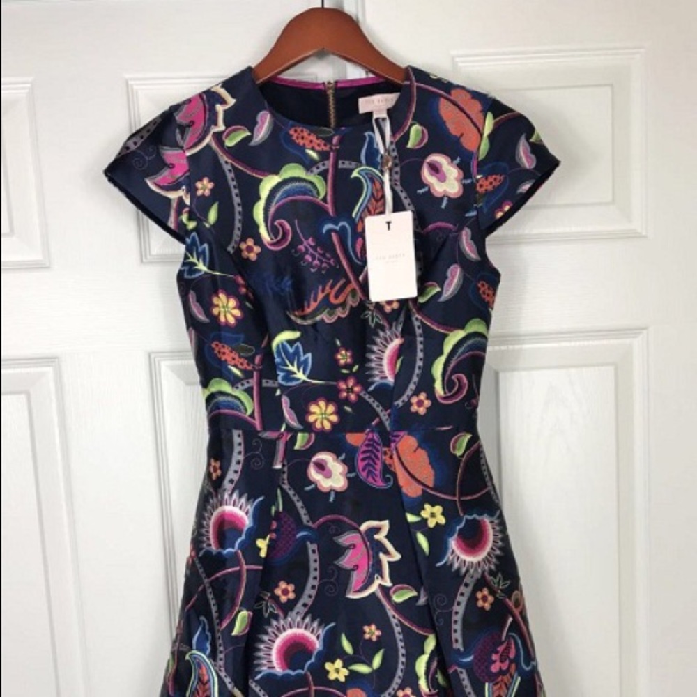 NWT Ted Baker Fluxam Folk Foliage Skater Dress Blue Sz 0